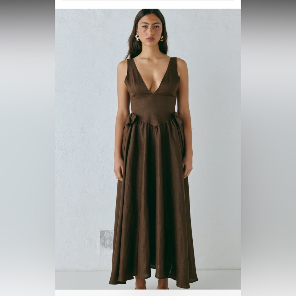 Vrg Grl Daphne Linen Midi Dress Chocolate